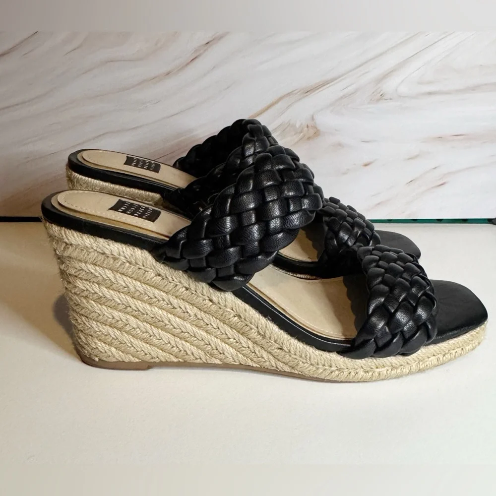 White House Black Market Black Braided Wedge Sandals Espadrille Platform 8